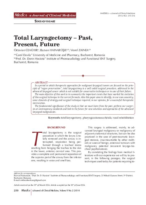 Total Laryngectomy – Past, Present, Future .